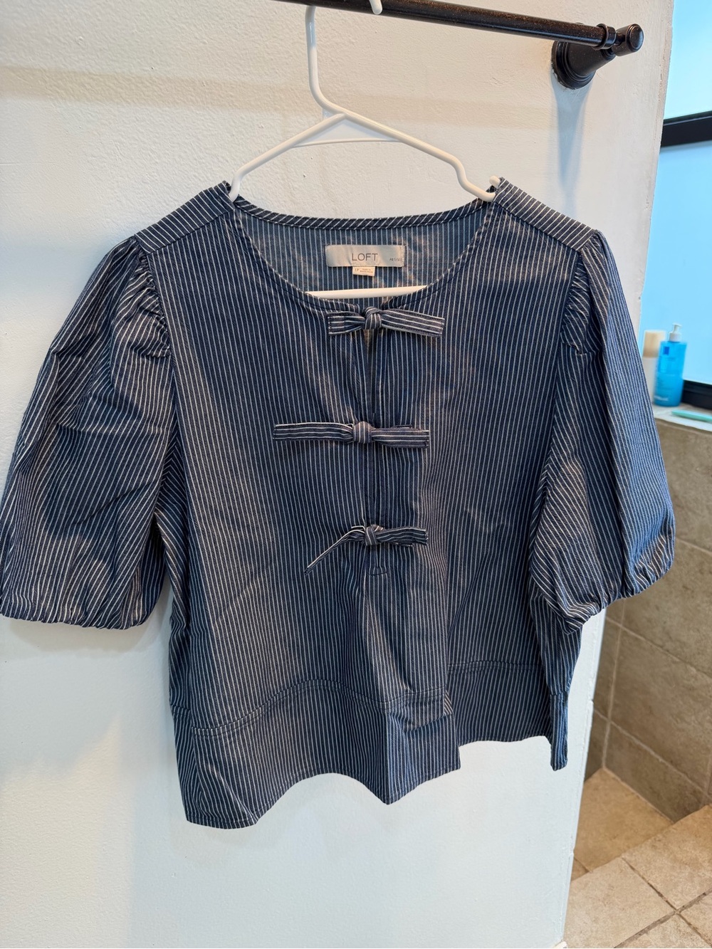 LOFT Navy and White Striped Bow-Front Top